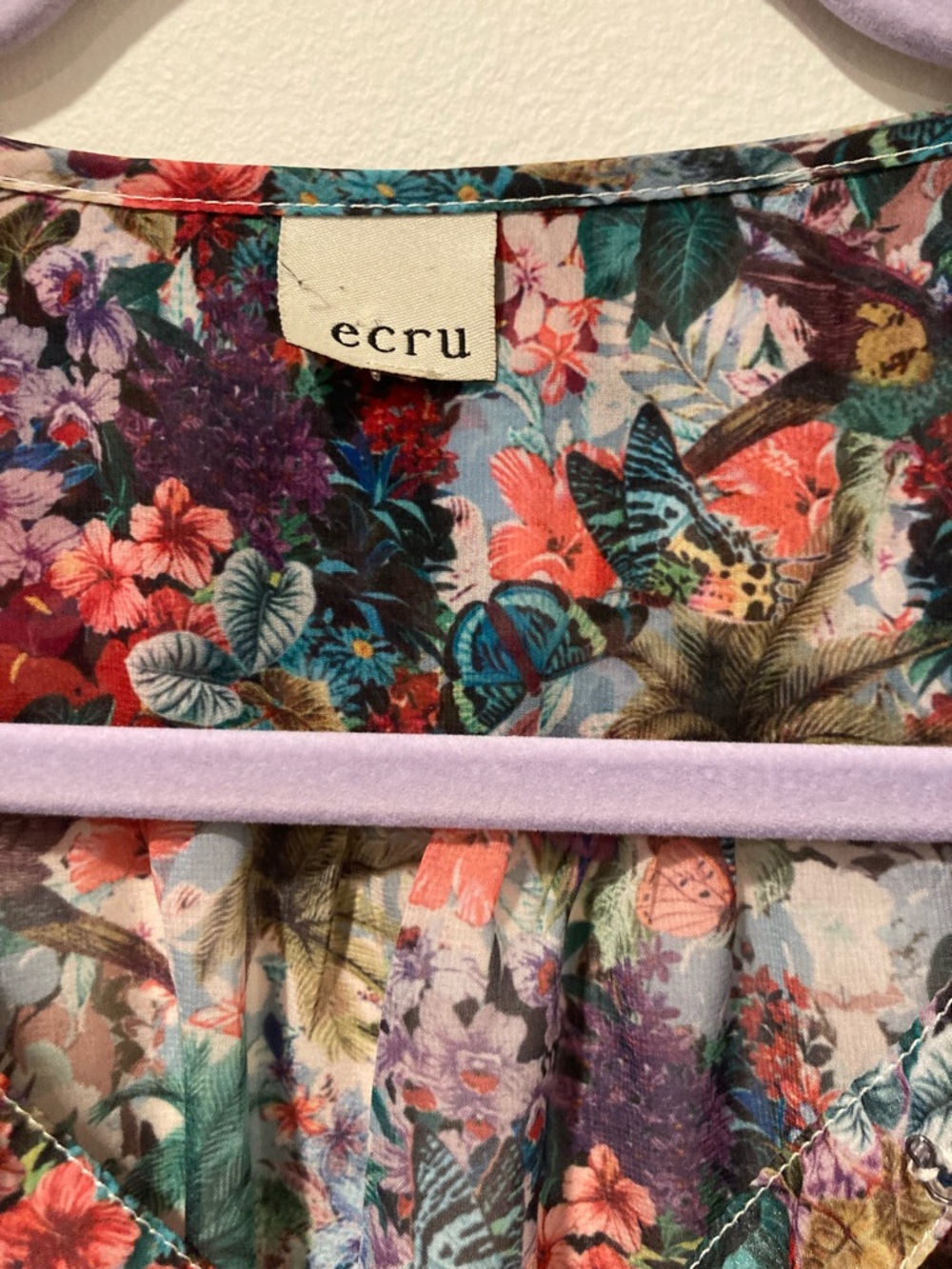 Ecru Floral Sleeveless V-Neck in Multicolor Sheer Top - Picture 3 of 6